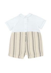 Combinaison courte à manches courtes avec un haut blanc et un bas rayé beige. Le mélange de matériaux est doux ; dispose d'une fermeture à boutons et d'un col rabattable.