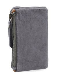Gray leather wallet with a textured finish, featuring a zip closure and a side pocket. Compact rectangular shape with neutral tones.