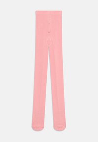 Collants opaques rose pastel disposés à plat avec une taille haute et une zone de pied renforcée sur fond blanc.
