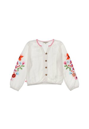 White long-sleeve blouse with wooden buttons, pink stitched neckline, and colorful floral embroidery on both sleeves.