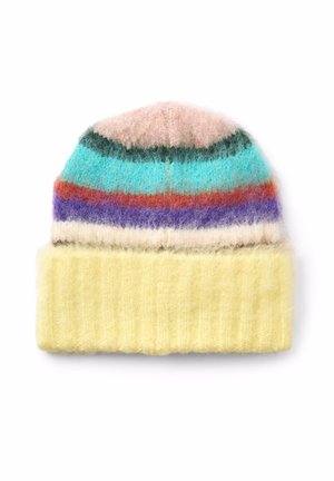 Soft knitted beanie with wide pale yellow cuff and multicolored fuzzy stripes in beige, green, teal, red, purple, and cream.