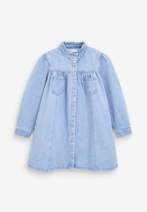 Hellblaues Jeanskleid mit langen Ärmeln, rüschenförmigem Ausschnitt und zwei vorderen Taschen, mit durchgehender Knopfleiste und ausgestelltem Silhouette.