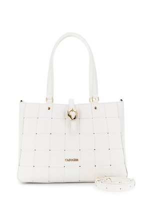 Borsa a tracolla bianca in pelle intrecciata con due manici, dettaglio fibbia color oro, logo del marchio sul davanti e tracolla removibile abbinata accanto.