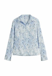 Lightweight, long-sleeve blouse in light blue with vertical stripes and floral patterns. Features a notched collar and button closure.