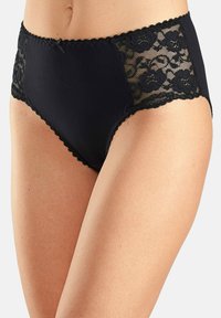 Zwart hoge taille onderbroek met een kantpaneel met bloemenpatronen, een gladde stof, een elastische tailleband en golvende randen.