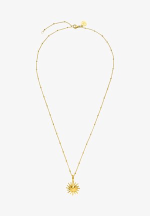 Goldene Anhänger-Halskette mit einem Sonnendesign, das an einer zarten Kette hängt, mit kleinen runden Akzenten entlang der Länge.