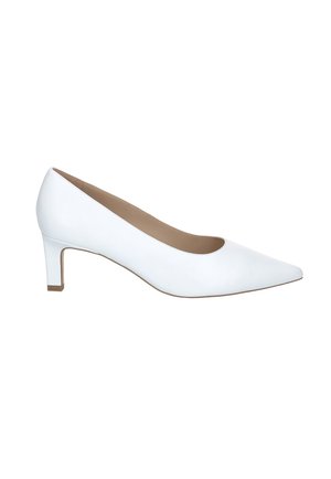 White leather women's mid-heel pump with pointed toe and low block heel, shown from the side on a white background.