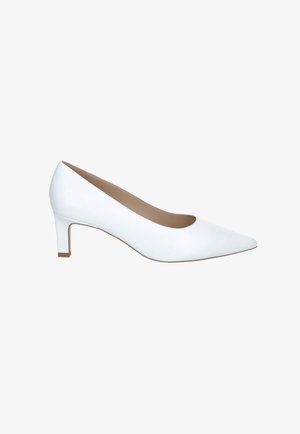 Weiße Damenpumps aus Leder mit mittelhohem Absatz, spitzer Schuhspitze und niedrigem Blockabsatz, seitlich auf weißem Hintergrund abgebildet.