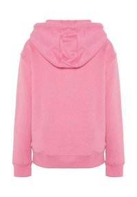 Pink hooded sweatshirt with a relaxed fit, made from soft fabric. Features ribbed cuffs and hem. Back view shows seam detailing on the hood.
