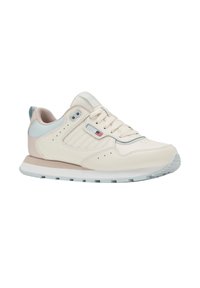 Zapatillas de color crema con acentos en azul claro y beige, materiales de cuero y malla, punta redonda, cierre con cordones y suela de goma con relieve.