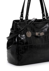 Sac à main en simili-croc noir avec finition brillante, deux courtes poignées et une bandoulière amovible. Équipé d'un fermoir en métal et d'un détail de logo.