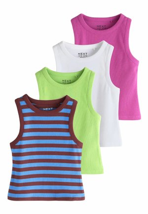 Four ribbed sleeveless tank tops in blue and brown stripes, lime green, white, and pink, stacked diagonally on a white background.