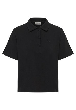 Polo noir à manches courtes avec trois boutons, col classique et petit logo brodé sur le côté gauche de la poitrine.