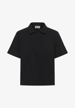Polo noir à manches courtes avec trois boutons, col classique et petit logo brodé sur le côté gauche de la poitrine.
