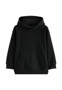 Schwarzer Hoodie aus weichem Stoff, mit einer Kängurutasche, einer weiten Kapuze und gerippten Bündchen. Einfaches Design ohne Muster oder Akzente.