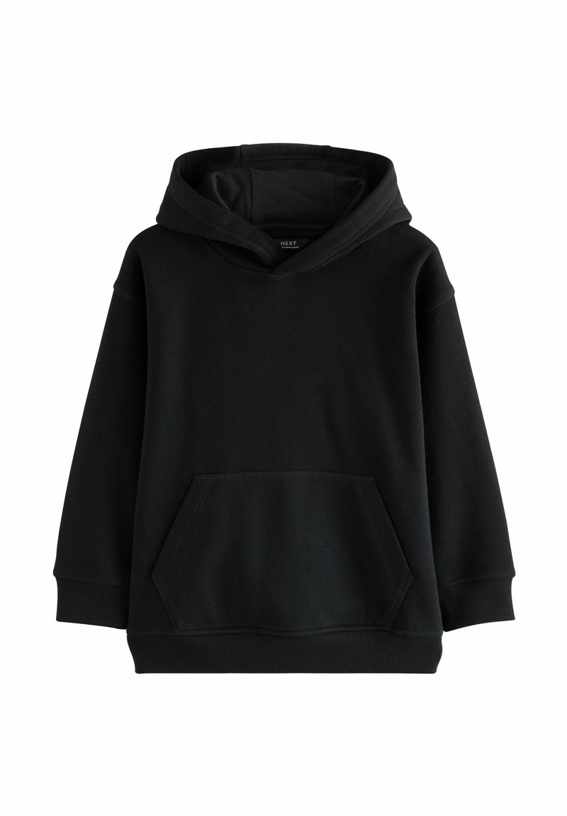 Schwarzer Hoodie aus weichem Stoff, mit einer Kängurutasche, einer weiten Kapuze und gerippten Bündchen. Einfaches Design ohne Muster oder Akzente.