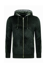 Zwarte zip-up hoodie van gestructureerd fluweel, met een geometrisch patroon, koordjes en een contrasterende, met een patroon bedekte binnenkap.