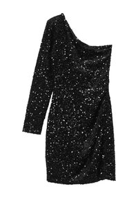 Robe en sequins noirs avec une manche longue et un devant drapé. Tissu texturé avec une finition brillante, mettant en valeur le design asymétrique.