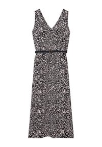Leopardenmusterkleid in Schwarz und Beige mit V-Ausschnitt, ärmellosem Design, tailliertem Schnitt und einem schwarzen Gürtel mit runder Schnalle.