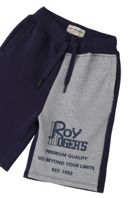 Bermudas de color marino y gris, fabricadas en una mezcla de algodón, con cintura elástica, cordón ajustable y logo serigrafiado en el panel gris.