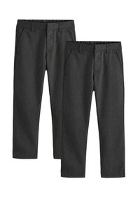 Dunkelgraue Hose aus einem strukturierten Stoff, mit zwei vorderen Taschen und einem modernen Schnitt, im geraden Bein-Design.