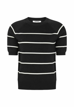 Pull noir à manches courtes avec des rayures horizontales blanches. Doté d'un col rond et de poignets et ourlet côtelés. Fabriqué en matière douce et texturée.