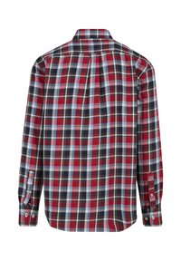 Rot und marineblau karierte Langarmhemd mit einem Button-Down-Kragen, Ein-Knopf-Manschetten und einer Faltenoptik am Rücken. Aus Baumwollstoff.