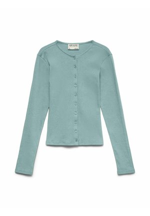 Hele sinine pikkade varrukatega kardigan ümar kaelusega ja ees nööpide kinnitusega, laotatud lameda pinnale, kaelusel on silt kirjaga "AWARE".