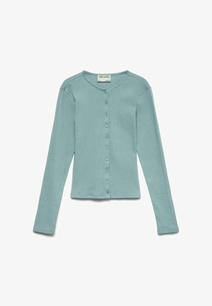 Gaiši zils ilgas piedurknes kardigans ar apaļu izgriezumu un priekšā pogu aizdari, izklāts plakans, zīme pie apkakles ar uzrakstu "AWARE".