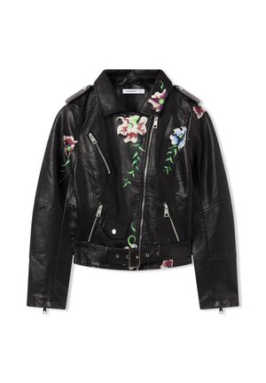 Giacca da moto in pelle nera con ricami floreali in rosa, viola e verde, dotata di tasche con zip, spalline e vita con cintura.