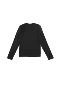 Czarna bluzka z długim rękawem o prążkowanej fakturze, okrągłym dekolcie i dopasowanym kroju. Brak widocznych wyraźnych elementów metalowych lub ozdobnych.