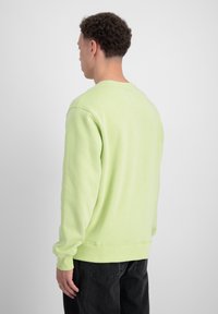 Limegrøn sweatshirt med rund hals, ribstrikkede manchetter og kant. Har et diskret firkantet mærke bagpå, lavet af blødt stof.