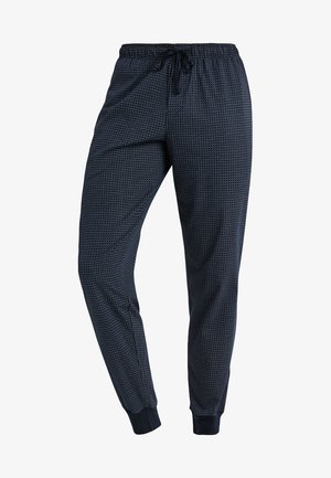 Pantalons de jogging marine avec un motif géométrique, fabriqués en tissu doux. Équipés d'une taille élastique avec un cordon de serrage et des poignets côtelés.