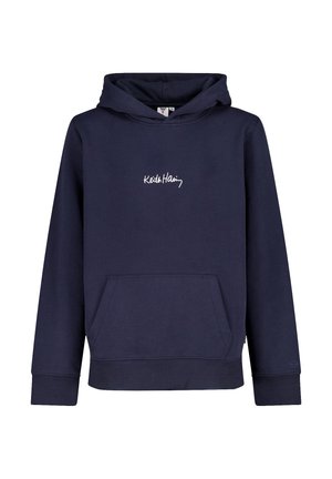 Sweat-shirt à capuche bleu marine avec une poche kangourou, ornée de texte brodé blanc. Fabriqué en tissu doux et confortable avec des poignets côtelés.