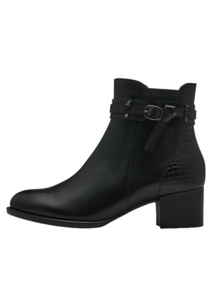 Bottines en cuir noir avec un bout carré, un panneau texturé et des doubles lanières avec une boucle. Elles disposent d'un talon carré et d'une finition lisse.
