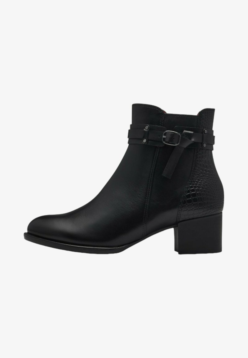 Bottines en cuir noir avec un bout carré, un panneau texturé et des doubles lanières avec une boucle. Elles disposent d'un talon carré et d'une finition lisse.