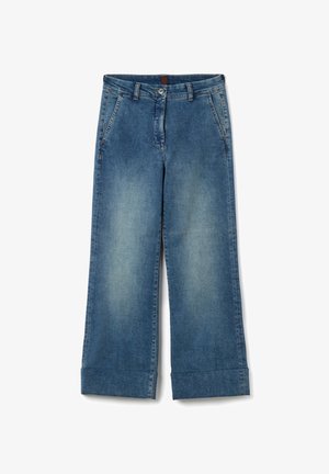 Weite blaue Denim-Jeans mit einem ausgewaschenen Finish, ausgestattet mit Vorder-taschen, einem Knopfverschluss und umgeschlagenen Saumdetails. Klassisches Fünf-Taschen-Design.