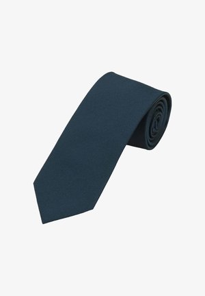 Navy blue tie made of textured fabric, featuring a classic design with a pointed tip and rolled for display.