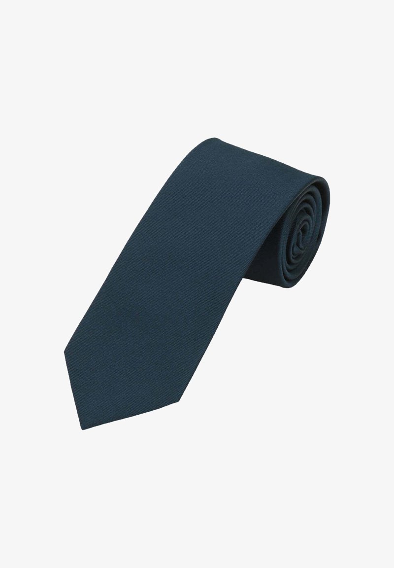 Navy blue tie made of textured fabric, featuring a classic design with a pointed tip and rolled for display.