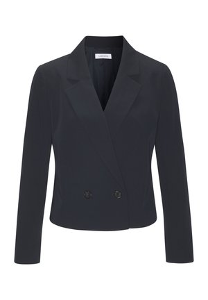 Marineblauwe dubbelgeknopte blazer van een soepele stof, met een gekarteld kraag en twee zwarte knopen aan de voorkant. Lange mouwen.