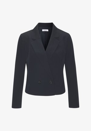 Blazer doppiopetto blu navy realizzato in tessuto liscio, con colletto a punte e due bottoni neri nella parte anteriore. Maniche lunghe.
