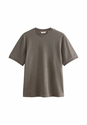 T-shirt grigio a maniche corte con un motivo a spina di pesce strutturato, scollatura tonda e polsini contrastanti grigio scuro.