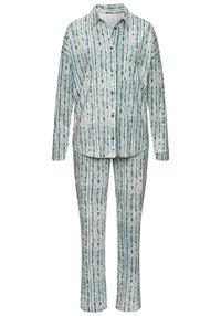 Knappfäst pyjamaset i ljusblått och vitt, med vertikala ränder och en avslappnad passform. Långa ärmar med en bröstficka.