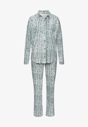Ensemble de pyjama à boutons dans des tons de bleu clair et blanc, présentant des rayures verticales et une coupe décontractée. Manches longues avec une poche sur la poitrine.