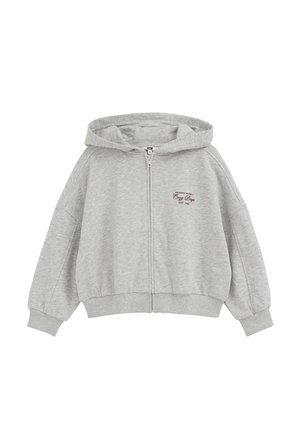 Jasnoszara bluza z kapturem na zamek błyskawiczny, z prążkowanymi mankietami i dołem, luźny fason oraz mały czerwony napis na lewej piersi.