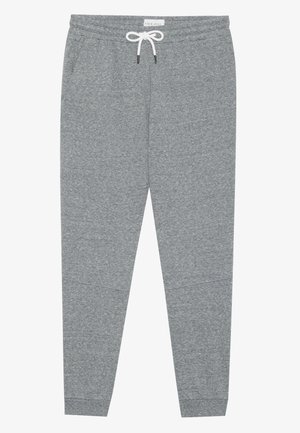 Pantalones de chándal grises hechos de un material suave, con una cintura elástica y cordón ajustable, y piernas ajustadas. Incluye dos bolsillos laterales.