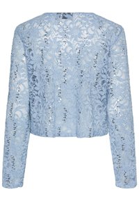 Light blue lace cropped jacket with long sleeves, featuring a floral pattern and scattered sequins for added texture and detail.