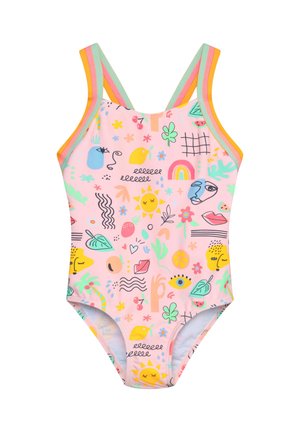 Costume intero rosa con motivi giocosi multicolore, tra cui fiori, volti e forme. Presenta spalline a righe a contrasto.