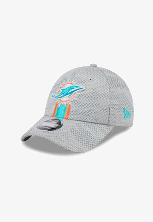 Hellgrauer Baseballcap mit einem blauen und orangefarbenen Miami Dolphins-Logo und Muster, mit einem gebogenen Schirm und verstellbarem Riemen.