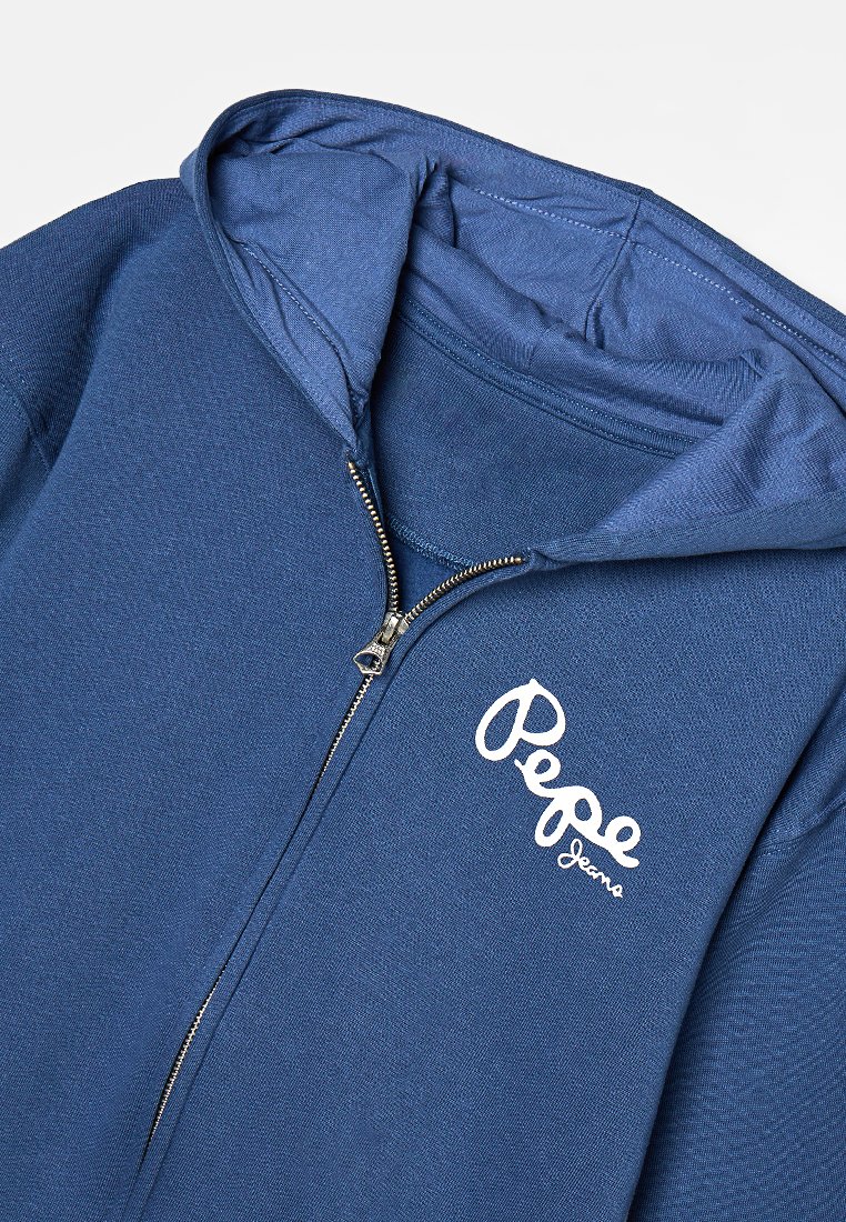 Dunkelblaues Zip-Hoodie aus strukturiertem Stoff, mit einem weißen "Pepe Jeans" Logo auf der Brust und einer Kapuze mit Kordelzug.